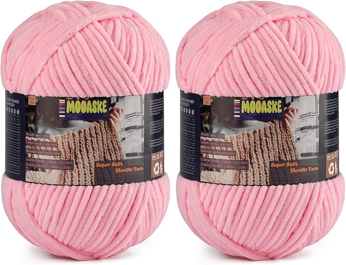 Chunky Velvet Yarn for Crocheting, 2-Pack 14.1oz 524.8 Yards Total, Super Soft Chenille Plush Yarn for Baby Blankets, Amigurumi, Scarves | 20 Colors (2, Light Pink)