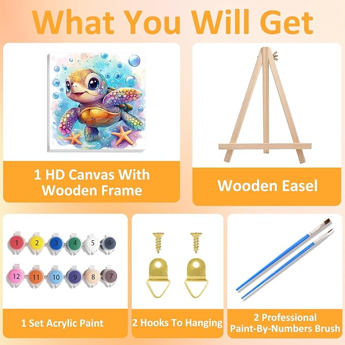 Paint by Numbers Kit for Kids with Frame, Sea Turtle Paint by Numbers for Kids Ages 4-8-12, DIY Turtle Acrylic Oil Painting for Home Wall Art Decor Gift 7.8x7.8 inch (with Frame Easel)