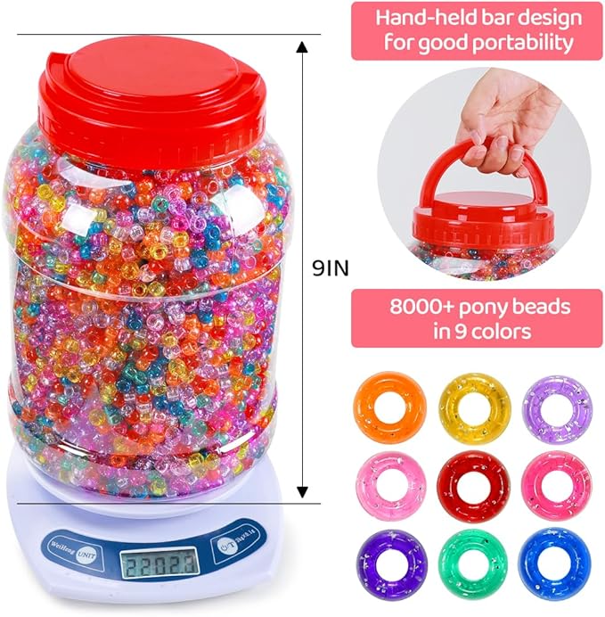 eppingwin 8000+pcs wholesale large pony beads (6x9 mm) bucket, easy storage kandi bead bulk, beads for jewelry making, crafts(glitter)