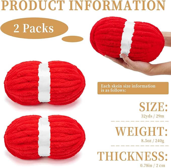 Chunky Chenille Yarn for Crocheting/Arm Knitting, Super Soft Jumbo Knit Blanket Yarn Red 2 Pack (32 yds, 8.5 oz Each Pack)