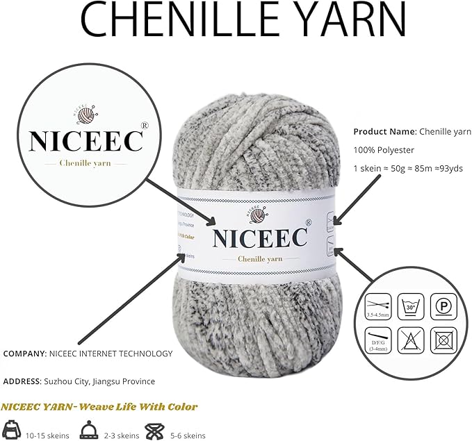NICEEC 3 Skeins Soft Chenille Yarn Blanket Yarn for Knitting Fancy Yarn for Crochet Weaving DIY Craft Total Length 3×85m (3×93yds, 3×50g)_Overcast Gray