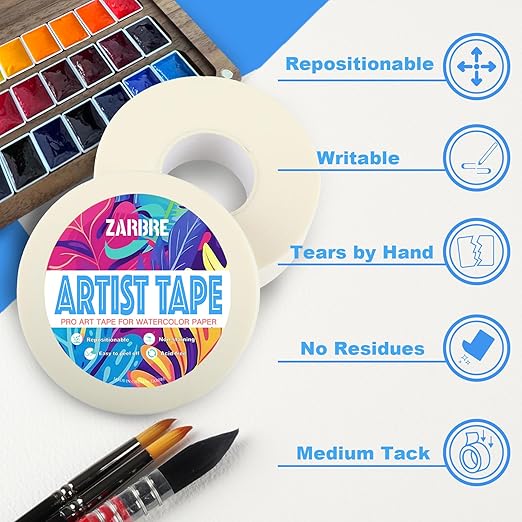 Artist Tape, White Art Tape for Watercolor Paper, Medium Tack Masking Drafting Tape for Painting Canvas Framing, Acid-Free, 0.6in 164FT Long