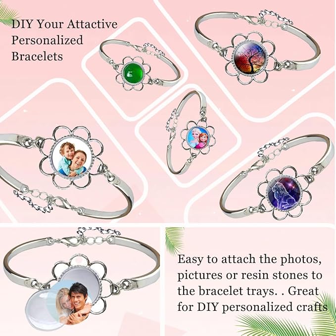 Pendant Trays Set for DIY Jewelry Crafts Making Supplies, Flower Glass Cabochon Pendant Bezel Trays Bracelet Blank Trays Earrings Charms for Gift
