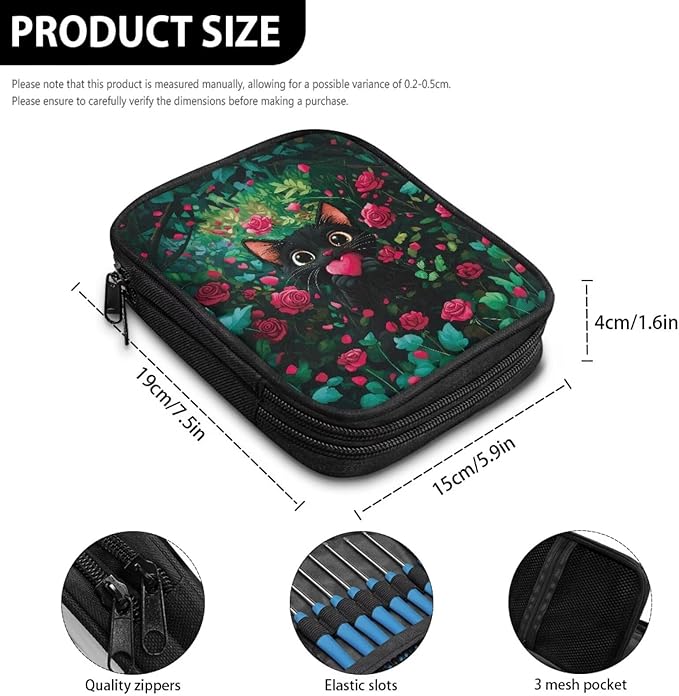 Hechitok Black Cat Heart Rose Crochet Hook Case Zipper Storage Organizer Bag with Pockets for Various Crochet Needles/Knitting Accessories/Crochet Hook Kit Tools