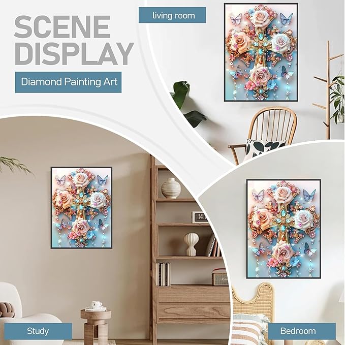 mrpwnle Diamond Painting Kits for Adults-Cross Diamond Art Kit for Adults Beginners 5D Diamond Painting Cross Flowers DIY Full Drill Diamond Art Dot Gem Art Kits,Home Wall Decor 12x16 Inch