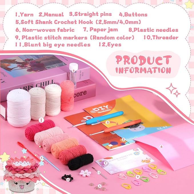 Hssugi Crochet Kit for Beginners, 6PCS Crochet Starter Kit, Potted Plant Coasters Crochet Kit with Step-by-Step Video Tutorials, Crochet Hooks, Learn to Crochet Kits for Adult Beginners