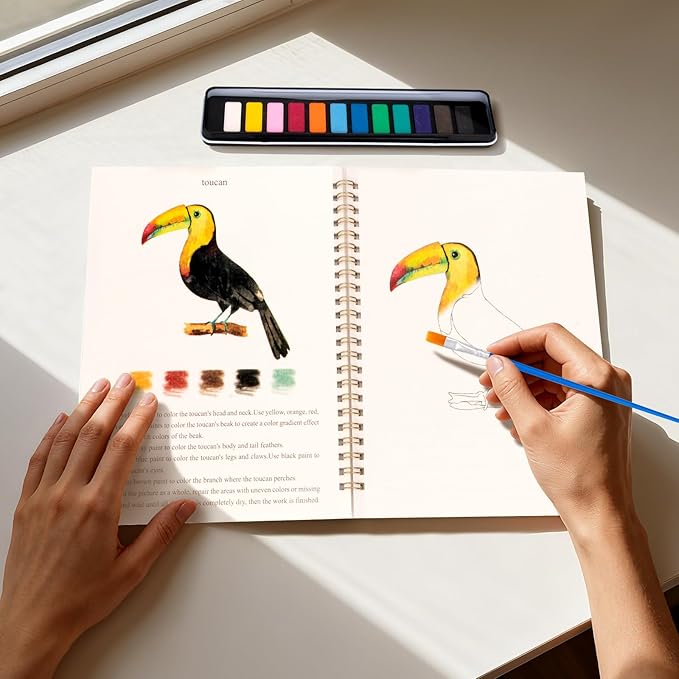 Watercolor Workbook for Adults, Beginner Friendly Watercolor Painting Kit Birds Water Coloring Book, Nature-Themed Practice Art Gift Water Color Paint Book with Palette and Brush