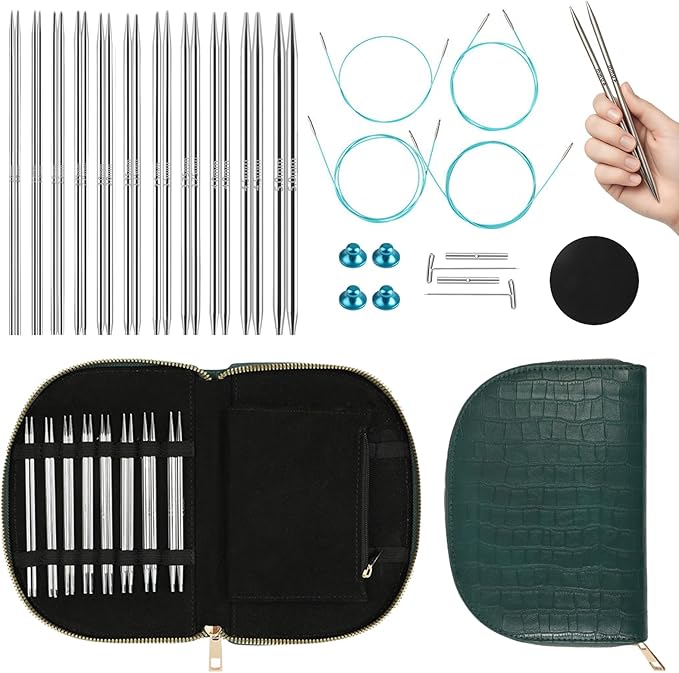 Yarniss Stainless Steel Circular Knitting Needle with Case,11 Size Interchangeable Knitting Needles with Rotating Cables 2.0~5.0mm,4.92-Inch Lace Knitting Needles Set