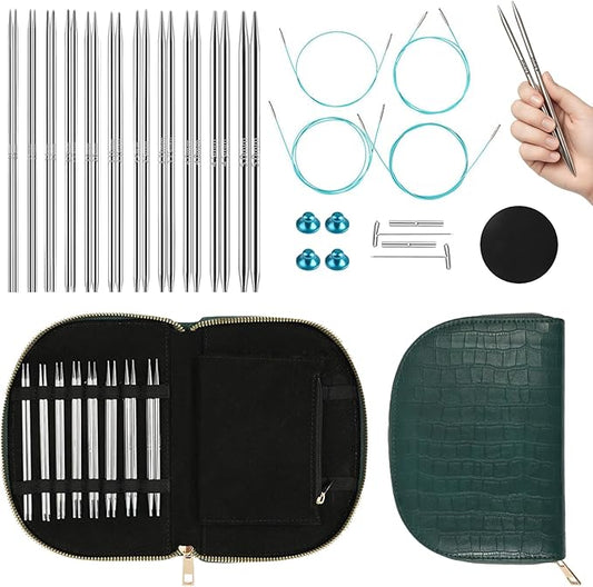 Yarniss Stainless Steel Circular Knitting Needle with Case,11 Size Interchangeable Knitting Needles with Rotating Cables 2.0~5.0mm,4.92-Inch Lace Knitting Needles Set