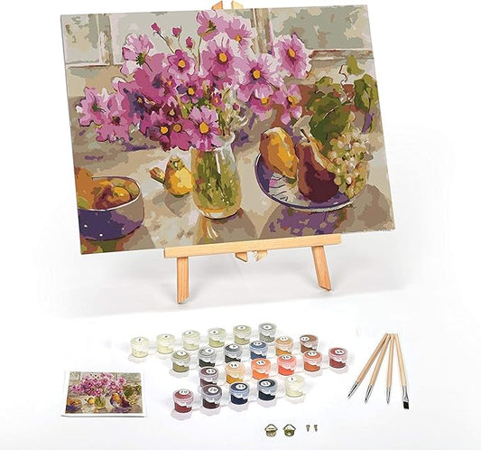 Ledgebay DIY Paint by Numbers Kit for Adults Framed Canvas Beginner to Advanced Paint by Numbers Kit, Kits Include Acrylic Paint set, Brushes & Tabletop Easel (Cosmos from The Garden 16" x 20" Framed)