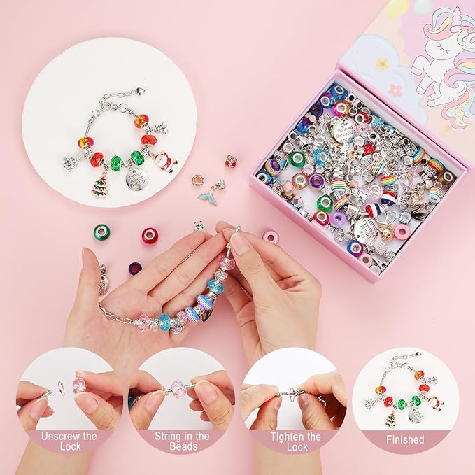 Emibele Charm Bracelet Making Kit, Jewelry Making Kit for Girls Age 8-12, Unicorn/Mermaid DIY Bracelets Crafts Kit for 5 6 7 Girls, Gifts Idea on Birthday Valentines Easter