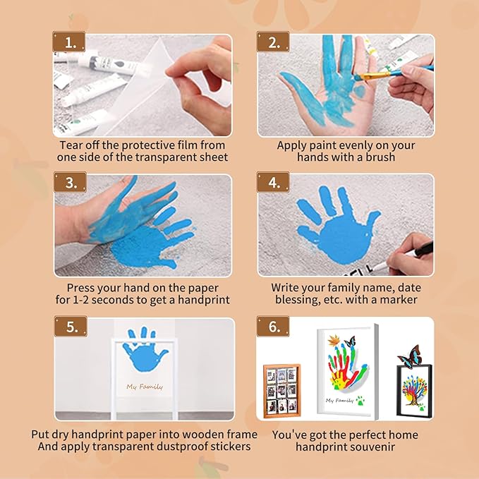 brown family handprint kit for 4 – wooden frame with 4 clear acrylic boards, diy handprint keepsake for baby, pet, mom, grandparents, hand mold art set with non-toxic washable paint (brown)