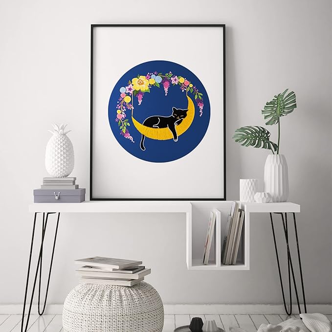 Louise Maelys Cat Moon Embroidery kit for Beginners,Cross Stitch Kits for Adult Including Cloth,Hoop, Color Threads,Needles and Instruction