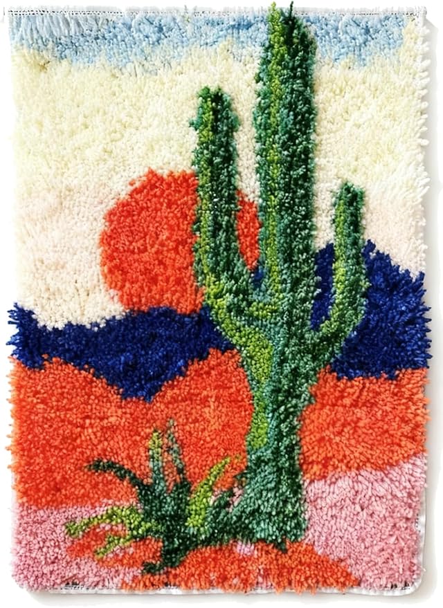 KitsMaster Desert Sunset Latch Hook Rug Kit for Adults –Southwest-Inspired Cactus Design, Pre-Printed Canvas & Pre-Cut Yarn, Gifts & Relaxation, 23.6''x15.8'' (Sunset Cactus)