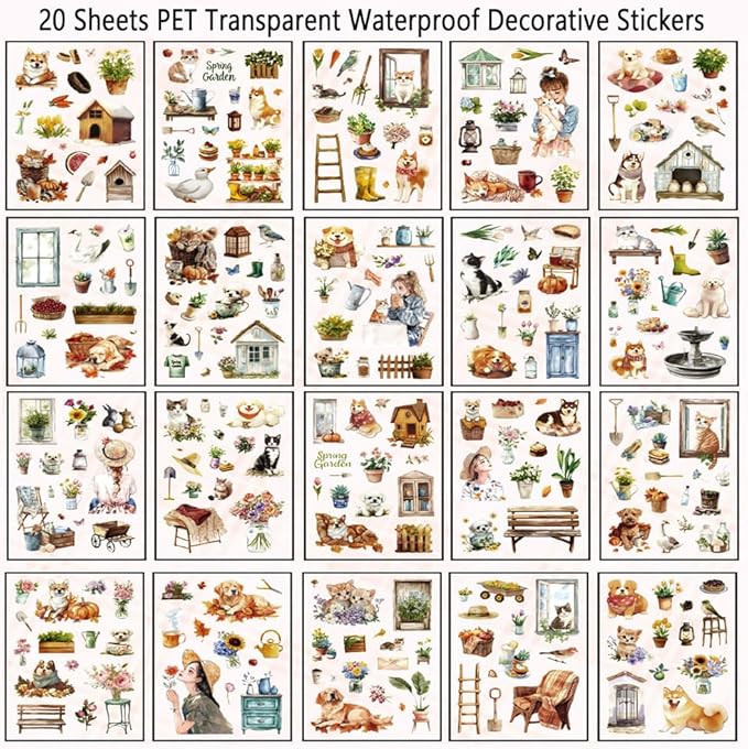 Scrapbook Sticker Book for Scrapbooking and Journaling, Country Cottage Scenery Pet Theme, 20 Sheets 3.9x5.9 inches, Precut Transparent PET Stickers for Junk Journal Supplies, Collage, Scrap Book