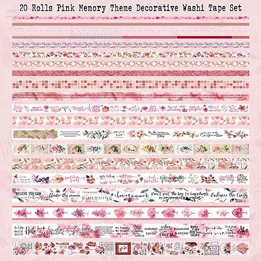 Washi Tape Set, 20 Rolls, Floral Washi Tape for Journaling, Decorative Tape for Scrapbooking, Junk Journal Supplies, Bullet Journaling, 5 Assorted Widths