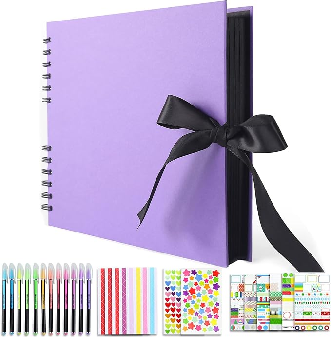 Vienrose Scrapbook Album 80 Pages, DIY Photo Album with Accessories, Purple Kraft Paper Memory Book for Wedding, Birthday, Travel, Valentine, Mother’s Day, 11x8 Inches
