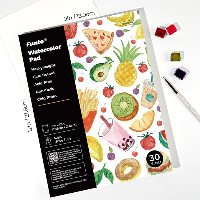 Funto Watercolor Paper Pads, 9x12, 30 Sheets, 140lb/300gsm, Cold Pressed, Acid-Free Heavyweight Art Paper for Painting, Drawing & Art Supplies