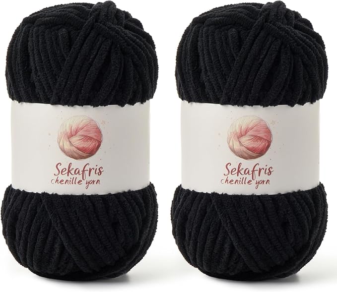 2 Pack Chunky Chenille Yarn for Crocheting, Baby Yarn for Crocheting Soft Blanket, 174.9 yds /7 oz Crochet Yarn, Bulky 5 Amigurumi Yarns, Fluffy Velvet Yarns for Knitting Crafts (2 Black)
