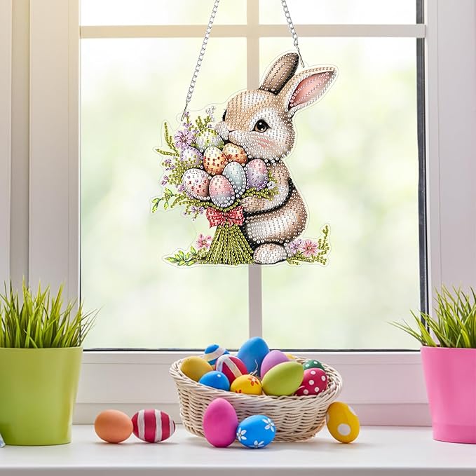 NAIMOER Easter Bunny Diamond Art Hanging Kits for Adults, 5D Special Shaped Rhinestone, DIY Acrylic Spring Diamond Art Painting Window Pendants Home Garden Wall Hanging Ornament Kits, Double Sided