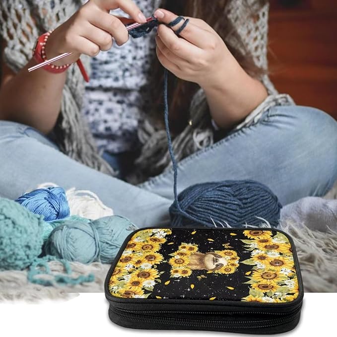 Hechitok Sloth Sunflower Crochet Hook Case Zipper Storage Organizer Bag with Pockets for Various Crochet Needles/Knitting Accessories/Crochet Hook Kit Tools