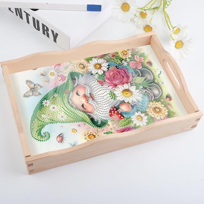 AiYuanzsh DIY Diamond Tray Diamond Art Painting Plate Creative Design Handmade Wooden Tray Mosaic Making Kits by Number Kits Diamond Art for Coffee Living Room Home Organizer (Green Gnome)