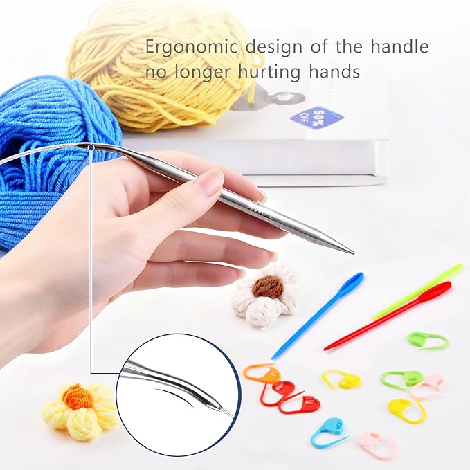 Circular Knitting Needles Set,10 Pack Round Long Stainless Steel Knitting Needles Kit (100cm),10 Sizes from 2.25mm-10.0mm,with Small Tools,for Beginners,Making Sweater,Scarf,Blanket