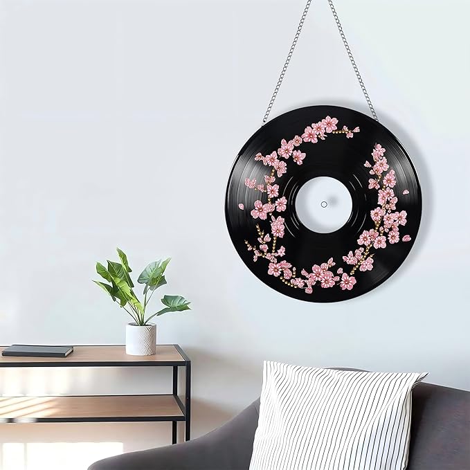 LOMSIOY Diamond Art Hanging Kit for Adult, Flower Front Door Sign Window Hanging for Outdoor, Records Double Sided Summer Decor Suncatcers for Porch, Hanging Pendants for Garden Wall （8x8 Inch