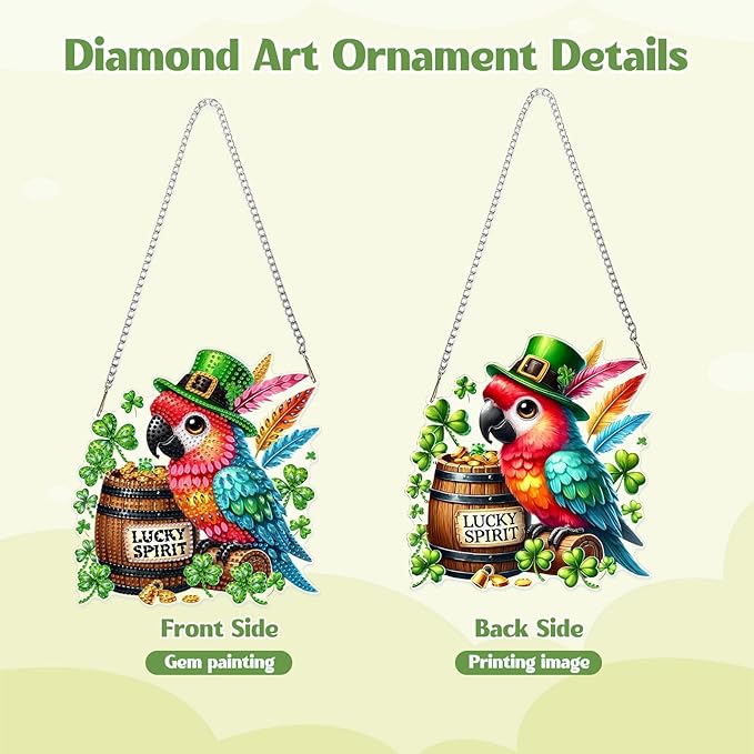 GHHKUD Macaw Diamond Art Hanging Kit for Adults, DIY Double Sided Diamond Painting Hanging St.Patrick's Day, Special Shaped Acrylic Ornaments Pendants for Window Home Garden Wall
