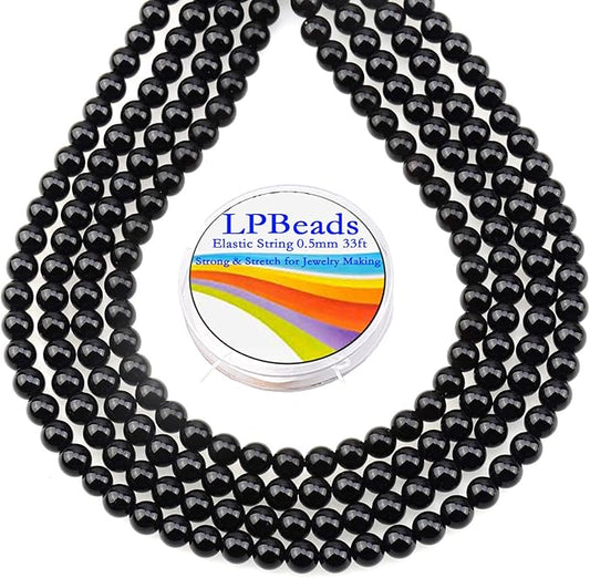 LPBeads 200Pcs Polished 6mm Round Natural Black Onxy Gemstone Loose Beads with Stretch Cord for Jewelry Making Bracelets