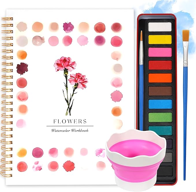 Watercolor Workbook for Adults Watercolor Coloring Books for Adults Beginners, Easy Water Coloring Book, Flower Water Color Paint Set Painting Kit with 1 Spiral Sketchbook, 12 Colors, 2 Brush 1 Bucket