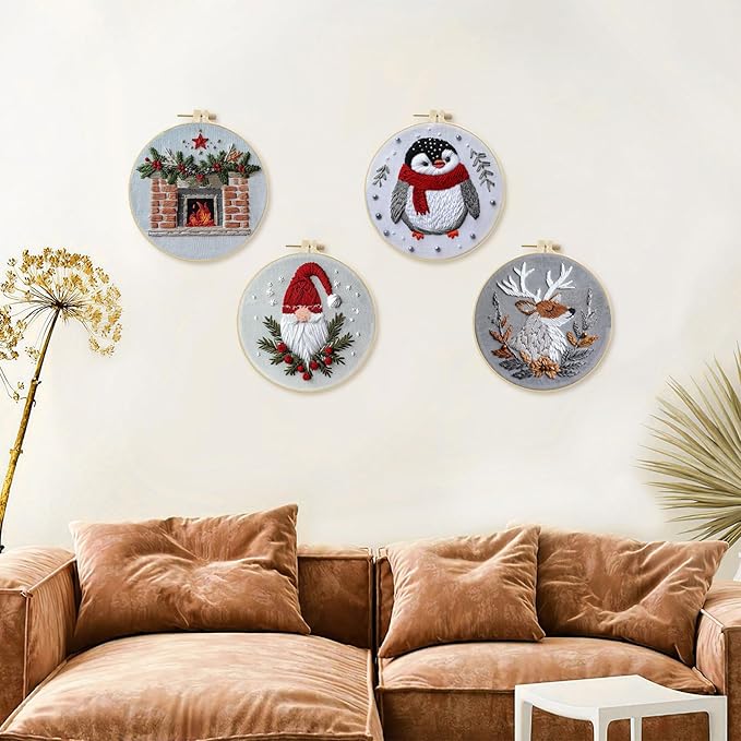 LB Christmas Gnome Embroidery Kit for Beginners: 4-Piece Cross Stitch Set with Penguin, Deer, Green Plant & Fireplace | Adults DIY Starter Kit Includes Hoop, Threads, Tools and Instructions