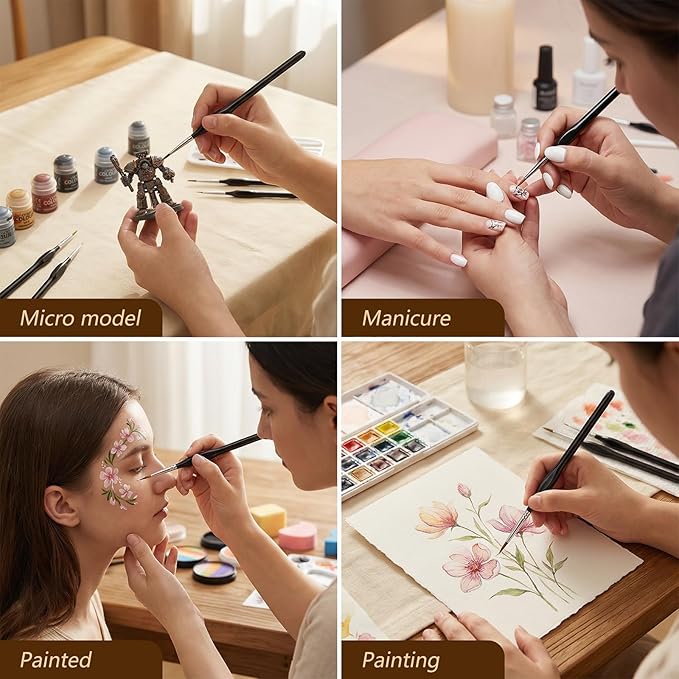 11-Piece Detail Paint Brushes Set, Triangular Grip Fine Tip Nail Brush, Small Paint Brush for Watercolor, Acrylic, Oil, Face, Model & Miniature Painting（Black）