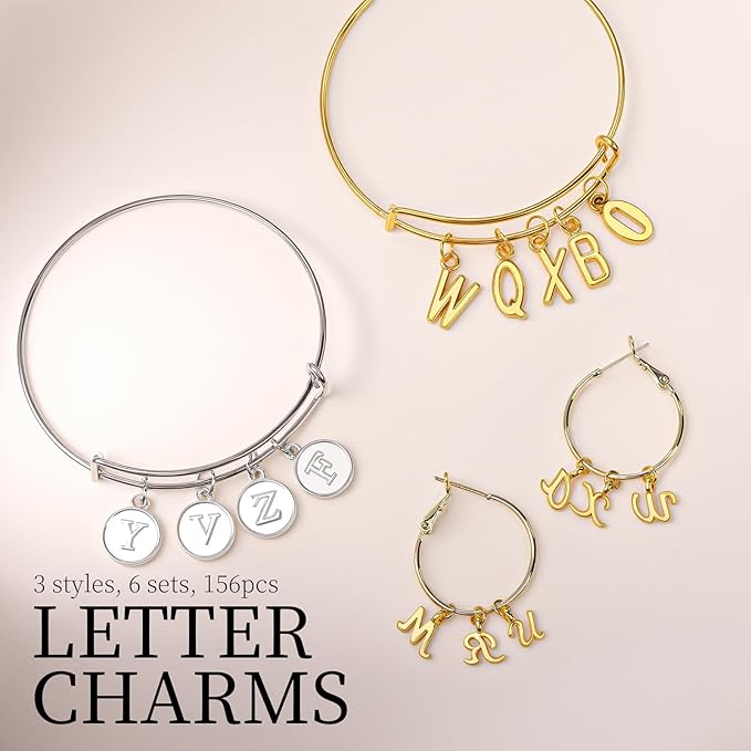 LEOBRO Letter Charms, 376 Pcs Gold & Silver Charms for Jewelry Making, Necklace, Bracelet, Jewelry Making Supplies, with Jump Rings