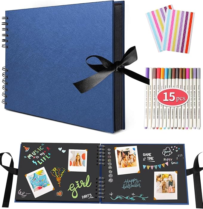 EVNEED Scrapbook Photo Album DIY Scrap Book Black Pages for Wedding Guest Book Anniversary Valentines Day Gifts with 15 Marker Paint Pens,80 Pages,Blue (40 Sheets)