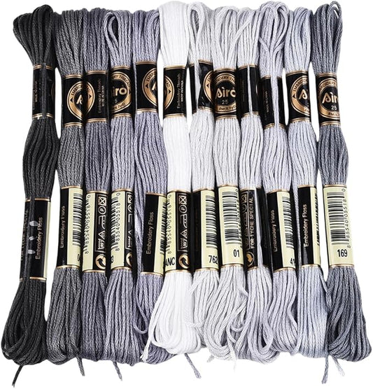 12 Skeins 6 Strands Grey Gradient Friendship Bracelet String Variegated Embroidery Needlepoint Cross Stitch Floss Yarn Thread Bulk for Sewing Bracelets Making Knitting Stitching Crafts DIY