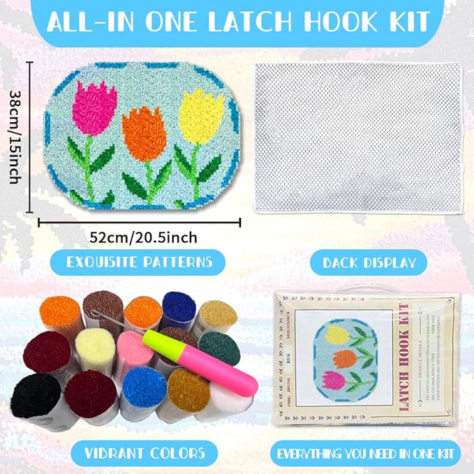 ORIGACH Tulip Latch Hook Rug Kit for Adults Printed Rug Making Kit Handmade Carpet Tapestry Cover with Hook Latch and Preprinted Canvas, Home Arts Crafts Sofa Decor, 20.5x15inch