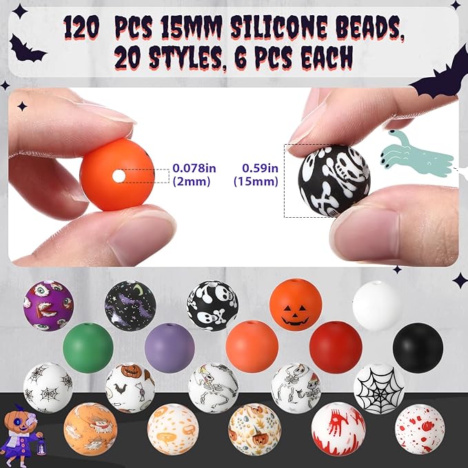 Ferreve 120 Pcs 15mm Silicone Beads Bulk Silicone Beads Print Rubber DIY Bracelet Making Kit for Keychain Making Pens Necklace Jewelry(Halloween)