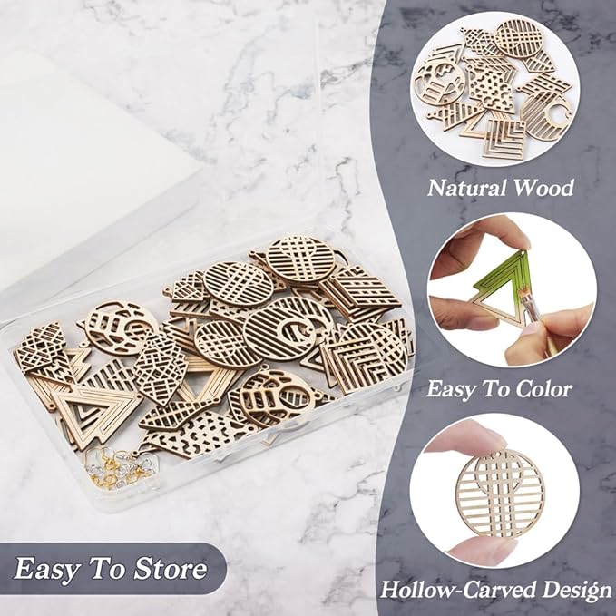 Boho Wooden Earring Making Kit 12 Styles Unfinished Natural Wood Filigree Pendants Round Rhombus Tree Arrow Kite Earring Charms with Ear Wire Jump Rings for DIY Jewelry Making