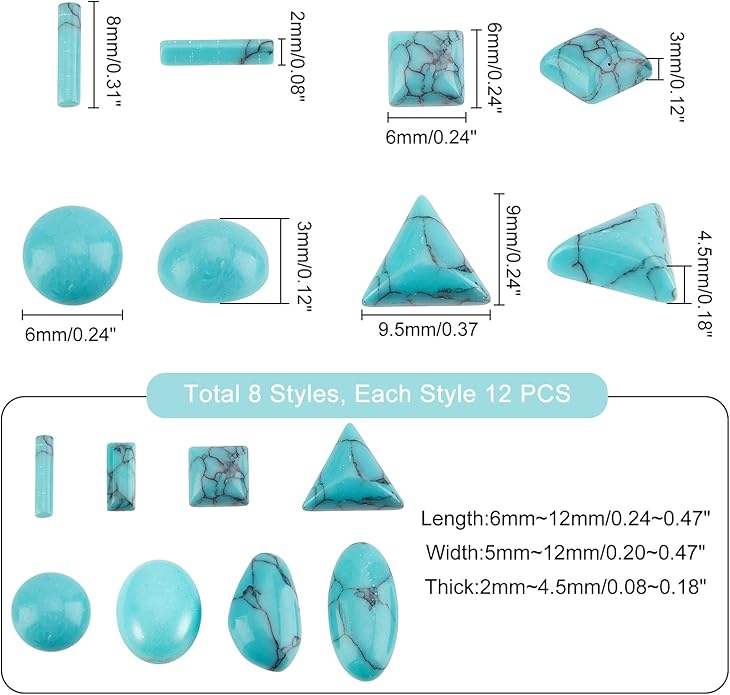 PH PandaHall 96pcs Stone Cabochons, 8 Shapes Blue Texture Gemstone Tiles Column Square Bead Half Round Synthetic Turquoise Cabochon Tile for Bracelet Necklace Earrings Cameo Jewelry Making