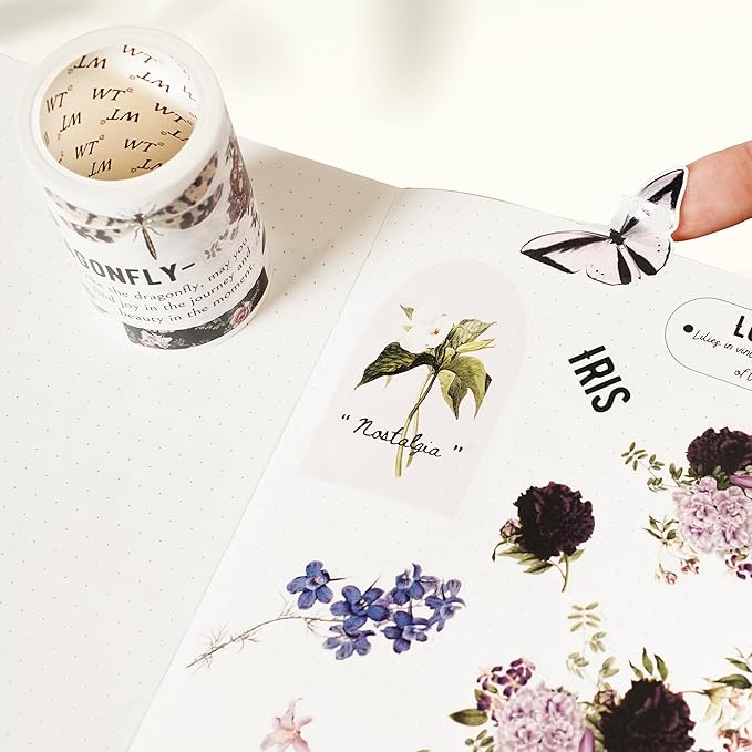 WT Pre-Cut Violet Veil Wide PET Tape, Single Roll, Soft Lilac Blossoms & Misty Backgrounds with Elegant Script, Transparent Decorative Tape for Journaling, Scrapbooking, Planner, DIY Crafts, 65mm x 5m
