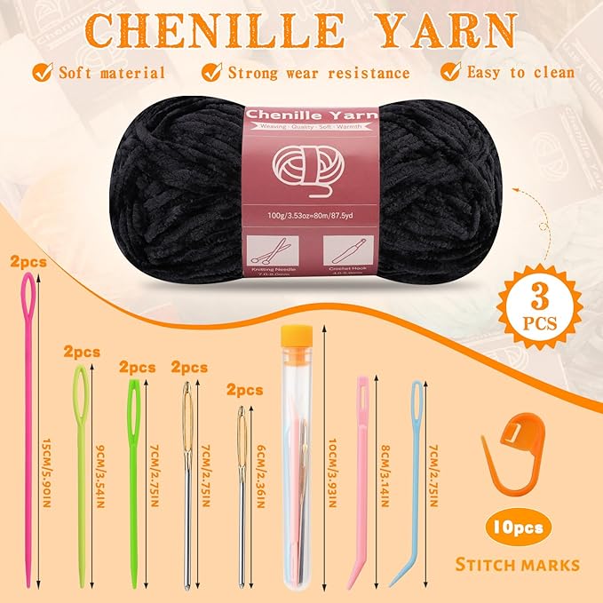 LUNARM Chenille Yarn for Crocheting Knitting, 3 Skein 263 Yard Thick Soft Chunky Fluffy Weaving Plush Yarn for Blankets Clothes Pattern Creations with Big Eye Needles (Black)