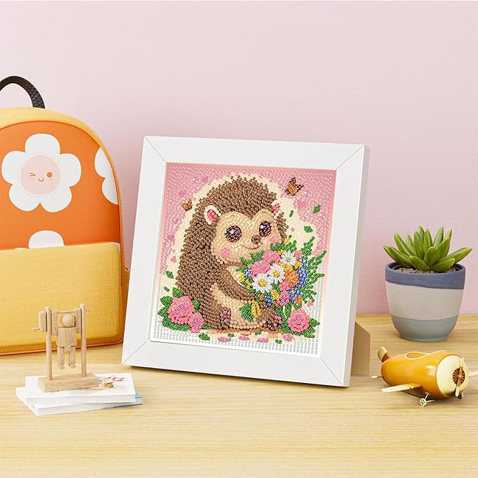 Hedgehog Diamond Art Painting Kits for Kids with Frame, Animal Diamond Art for Kids Ages 4-8-12 with Frame, Easy Small Cute Gem Painting Kit for Gift Home Wall Decoration (7x7 inch)