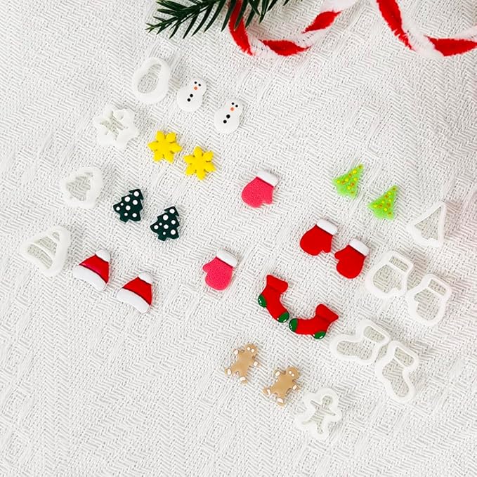 Xaekicr Christmas Polymer Clay Cutters Set – 10 Pcs Clay Earring Cutters for Holiday Crafts, Snowman Gingerbread Tree Mittens – Polymer Clay Molds and Tools for Jewelry Making