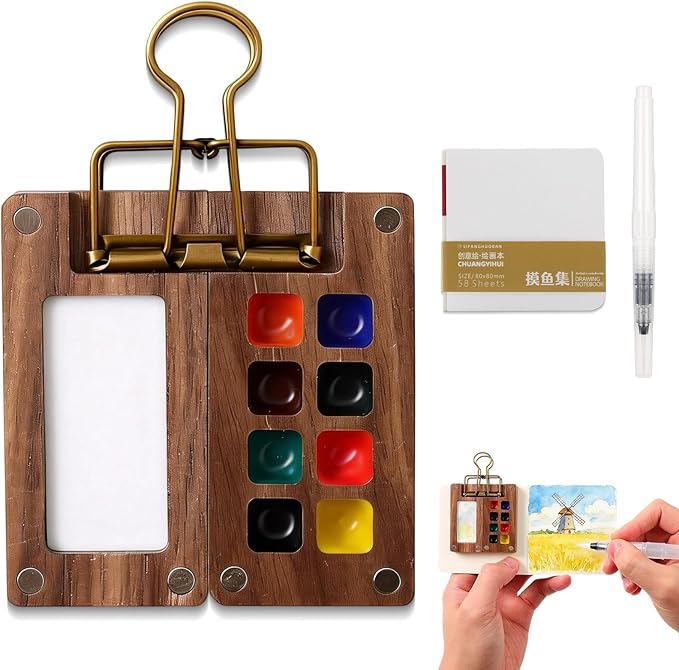Mini Watercolor Travel Paint Set, 8 Grid Mini Portable Watercolor Palette with A Clip, Wooden Mini Paint Palette with Colours, Book, Binder Clips, Watercolor Pens for Painters Artists Students