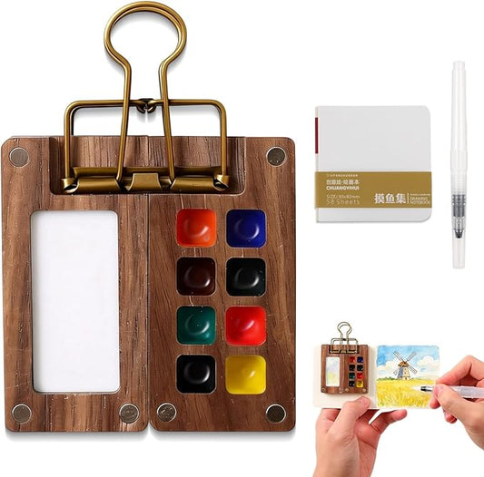 Mini Watercolor Travel Paint Set, 8 Grid Mini Portable Watercolor Palette with A Clip, Wooden Mini Paint Palette with Colours, Book, Binder Clips, Watercolor Pens for Painters Artists Students