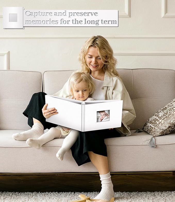Photo Album Self Adhesive Scrapbook Album for 3x5 4x6 5x7 8x10 Pictures,120 Pages Linen Cover with Display Window DIY Photo Book,Ideal Gifts for Family Travel Wedding Baby
