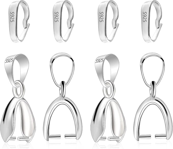 Pendant Clasp, 8Pcs 925 Sterling Silver Bails for Jewelry Making, Slider Necklace Pendant Connectors Charms Pinch Clip Pendant Clasp with Open Loop, Sterling Silver Jewelry Findings Making Supplies