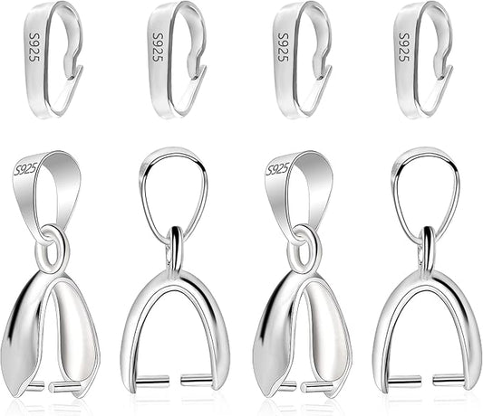 Pendant Clasp, 8Pcs 925 Sterling Silver Bails for Jewelry Making, Slider Necklace Pendant Connectors Charms Pinch Clip Pendant Clasp with Open Loop, Sterling Silver Jewelry Findings Making Supplies