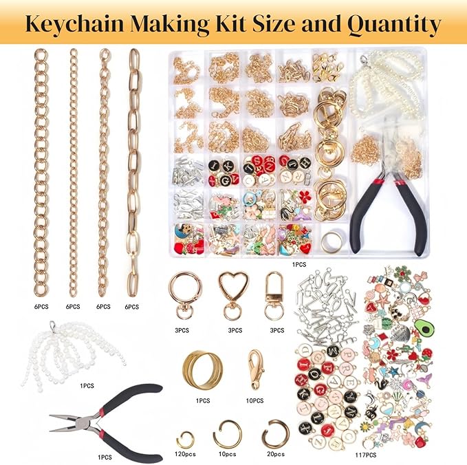 JCWPVA 314Pcs Lip Gloss Charms Keychain Kit, Including 19 Keychain Clips, 24 Extender Chains, 118 Charms & Jewelry Pliers, DIY Keychains Kit, Complete DIY Craft Supplies for Teens and Adults Gifts